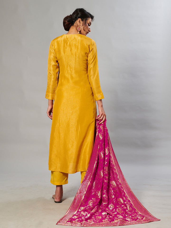 Mustard Zari Jacquard Contrast Dupatta Kurta Suit Set Product vendor