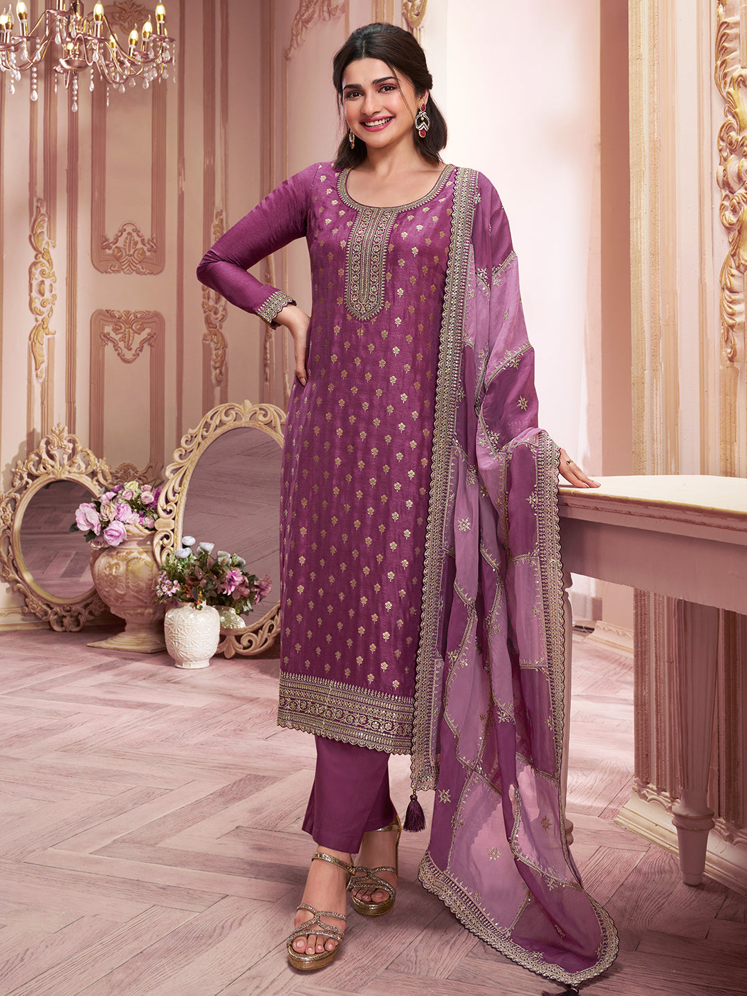 Wine Dola Jacquard with Heavy Sequins Embroidery Kurta Suit set