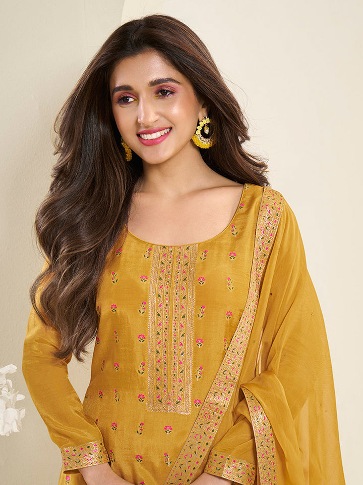 Amber Yellow Muslin Jacquard Kurta Suit Set with Multi Contrast Thread Weave & Paisley Pattern Daman Product vendor