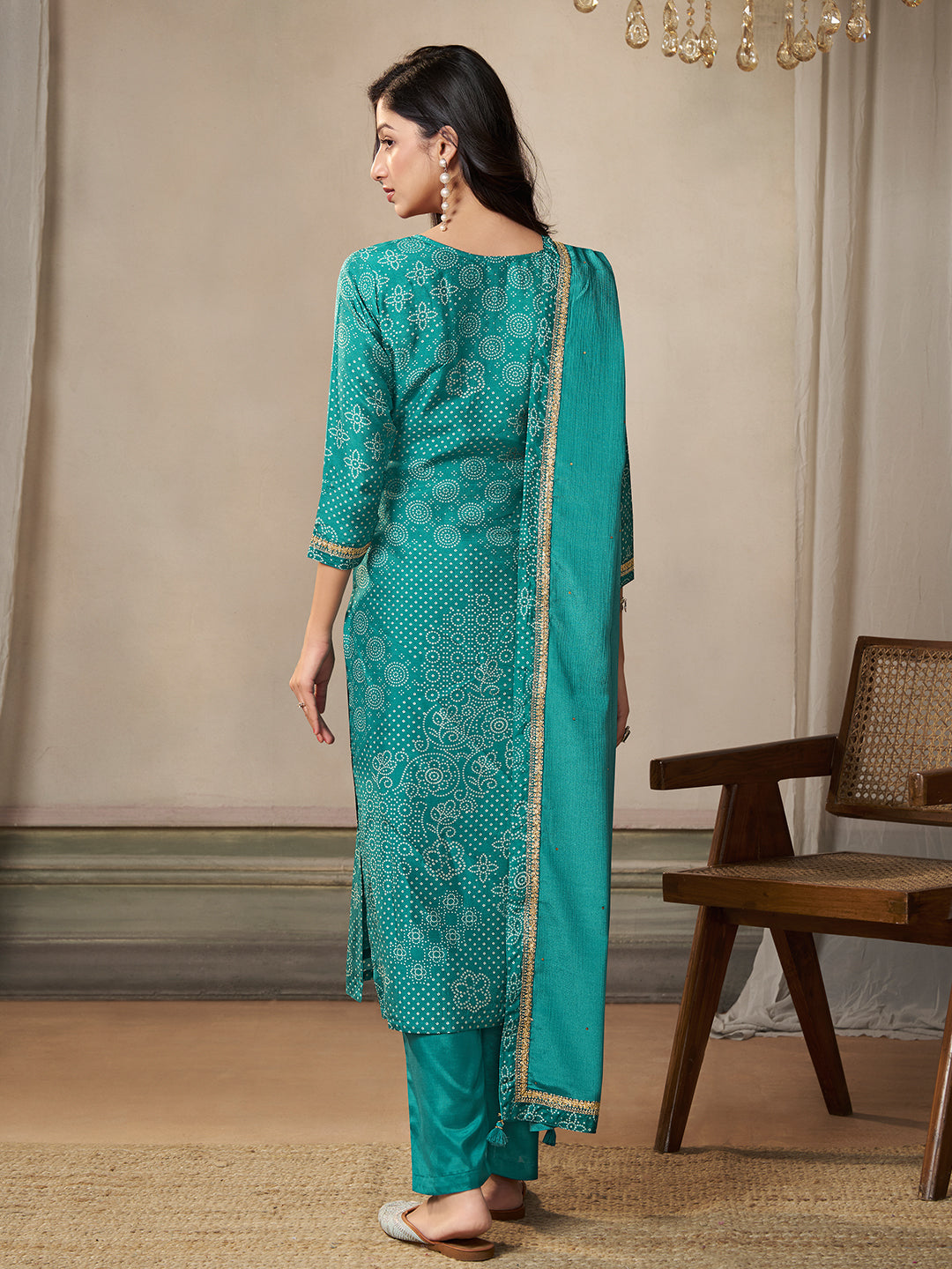 Turquoise Dola Bandhni Printed with Embroidery Kurta Suit Set