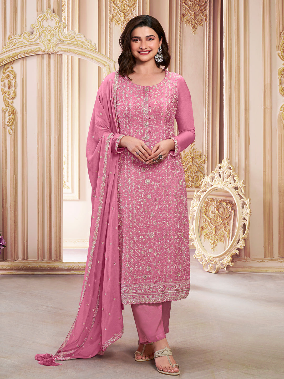 Pink White Thread Embroidered Kurta Suit Set Product vendor