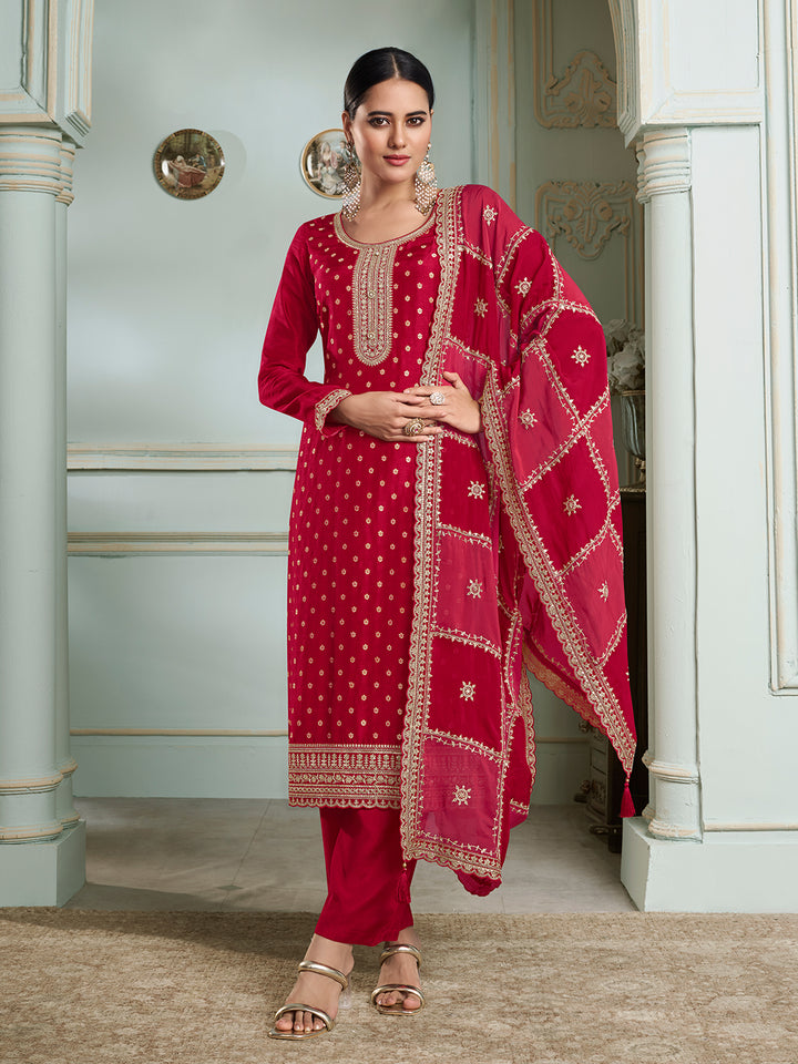 Red Embroidered Kurta Set With Dola Jacquard and Sequins