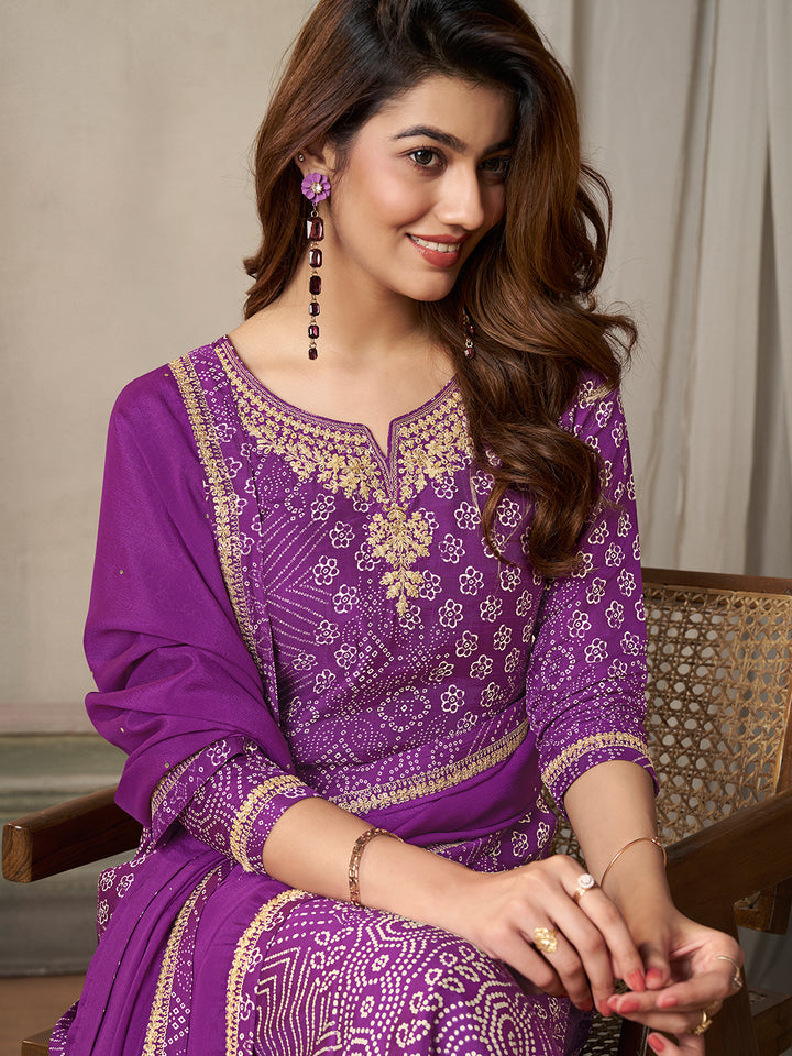 Purple Dola Bandhni Printed with Embroidery Kurta Suit Set