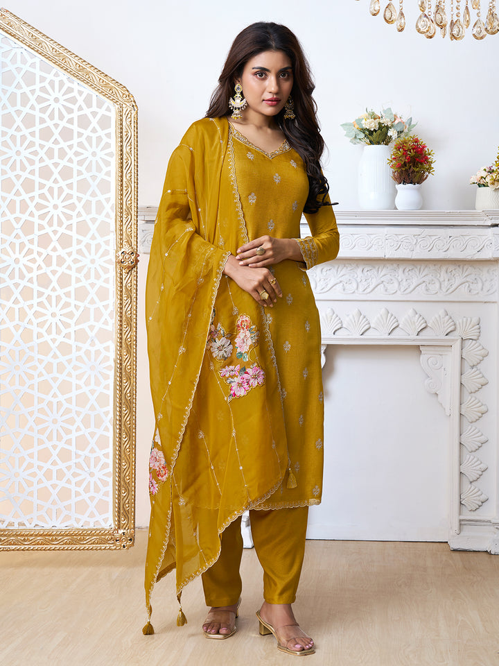 Mustard Yellow Cutwork Neckline Dola Silk Kurta Suit Set with Floral Aplique Dupatta