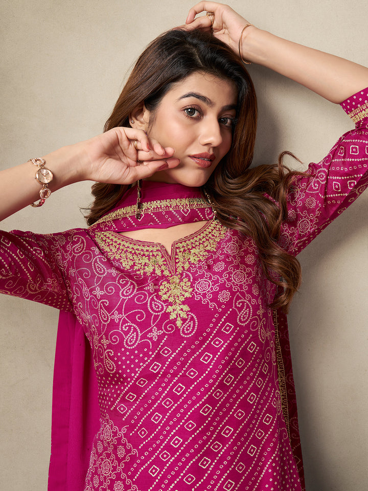 Pink Dola Bandhni Printed with Embroidery Kurta Suit Set