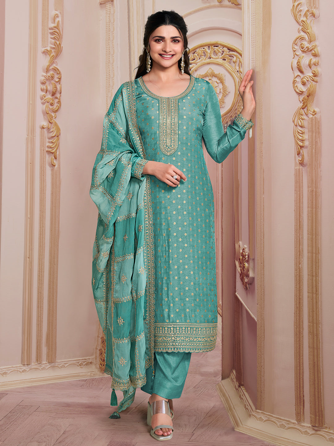 Sea Green Dola Jacquard with Heavy Sequins Embroidery Kurta Suit set