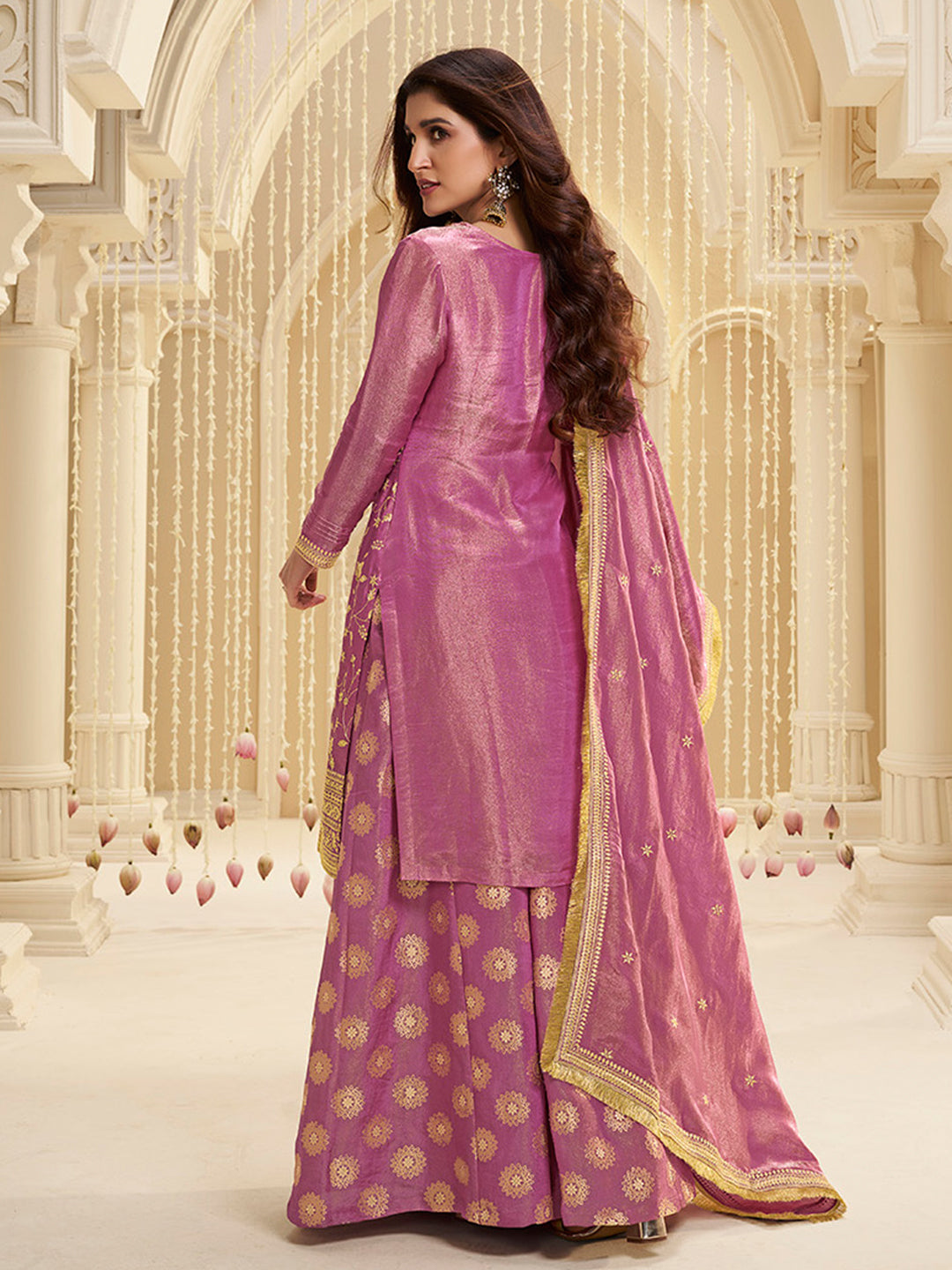 Lavender Tissue with Pitta work Gold Jhalar Dupatta Sharara Suit Set