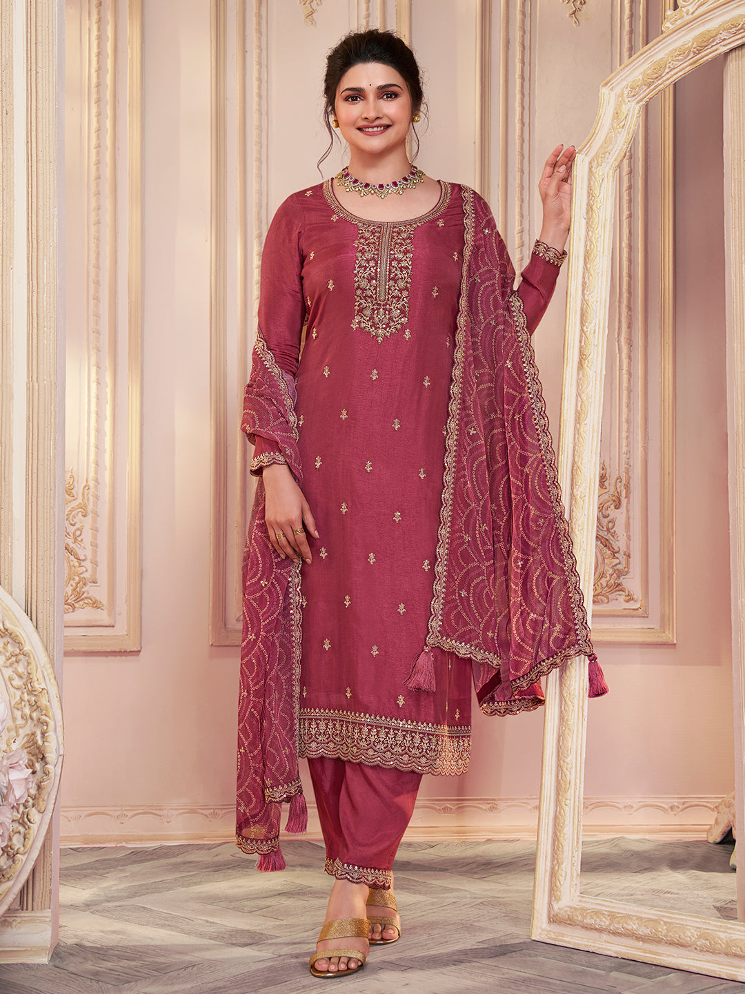 Dusty Red Vichitra Sequins Embroidered Kurta Suit Set Product vendor