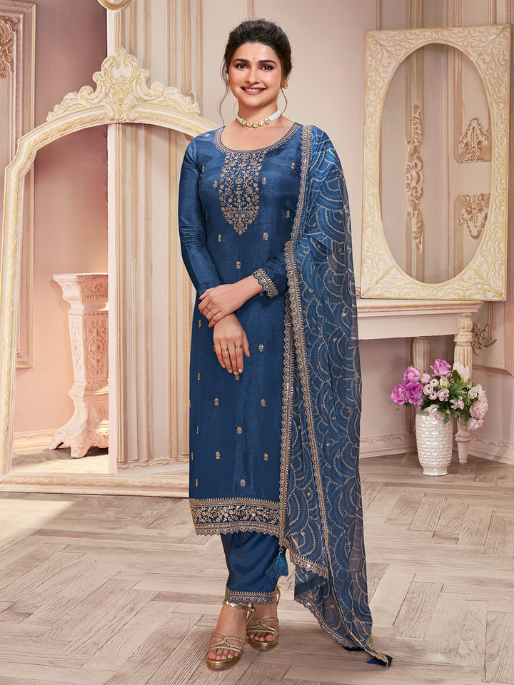 Blue Vichitra Sequins Embroidered Kurta Suit Set Product vendor