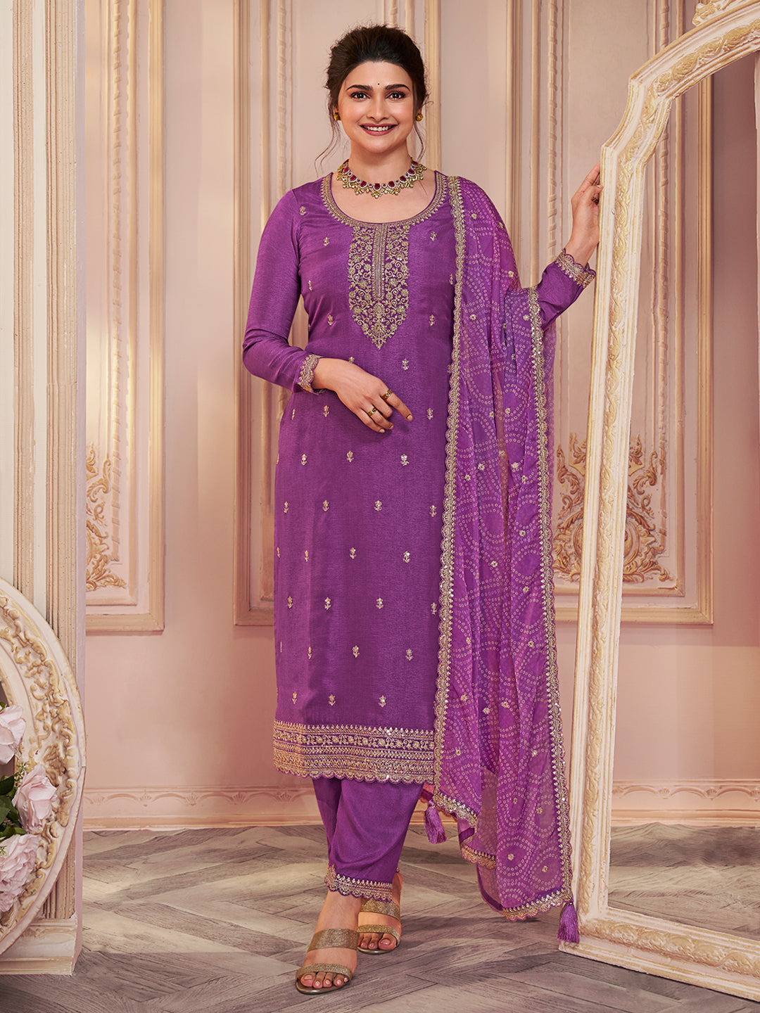 Purple Vichitra Sequins Embroidered Kurta Suit Set Product vendor