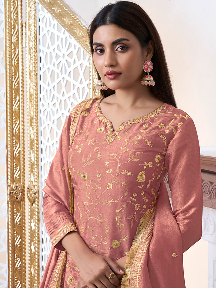 Peach Tissue with Pitta work Gold Jhalar Dupatta Sharara Suit Set