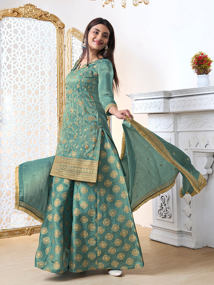 Turquoise Tissue with Pitta work Gold Jhalar Dupatta Sharara Suit Set