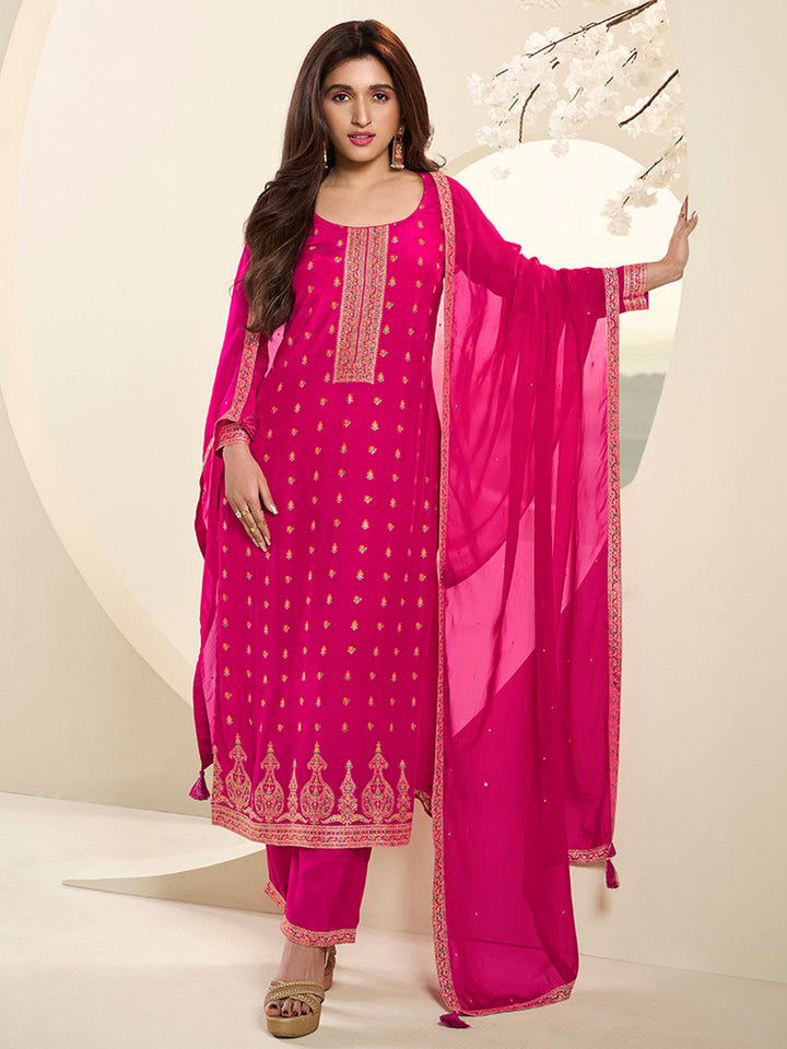 Hot Pink Muslin Jacquard Kurta Suit Set with Multi Contrast Thread Weave & Paisley Pattern Daman Product vendor