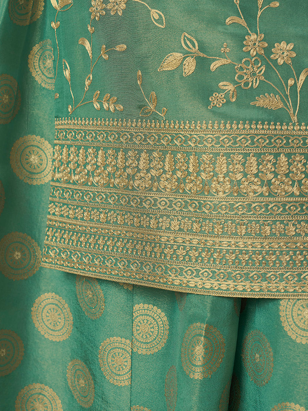 Sea-Green Tissue with Pitta work Gold Jhalar Dupatta Sharara Suit Set