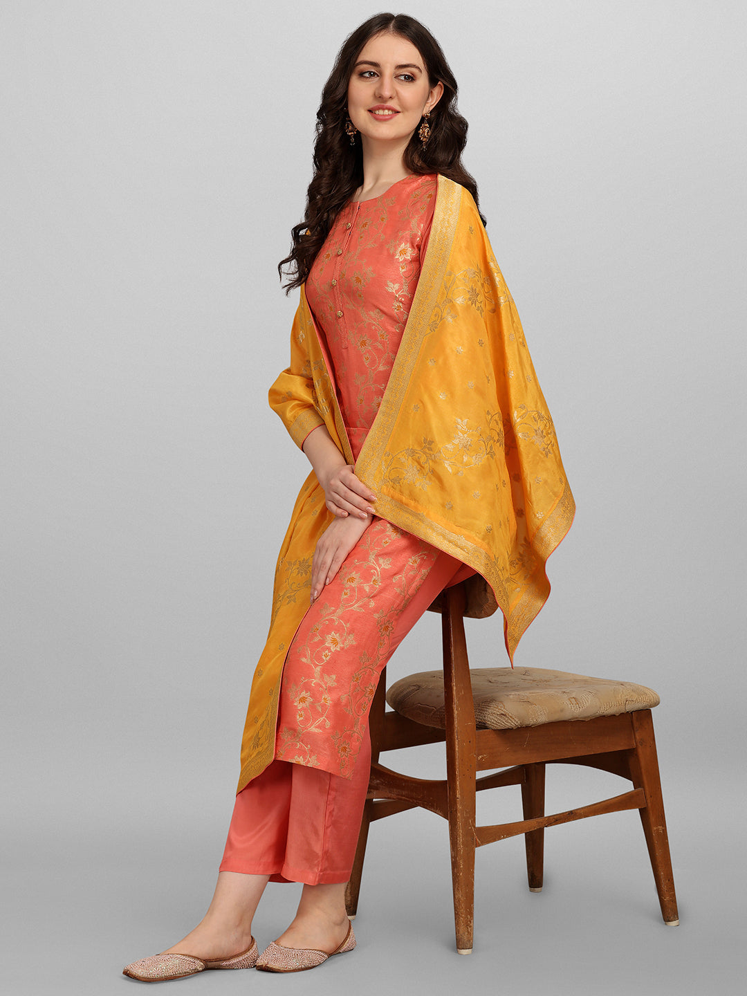 Orange Meena Jacquard Kurta Suit Set Product vendor