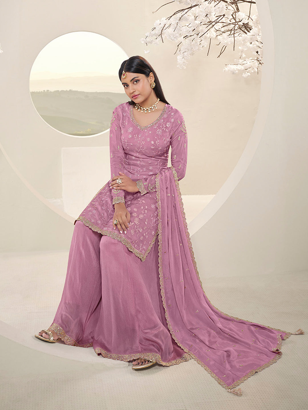 Pink Floral Pattern, Thread   with Sequins & Zari Embroidered Sharara Suit Set Product vendor