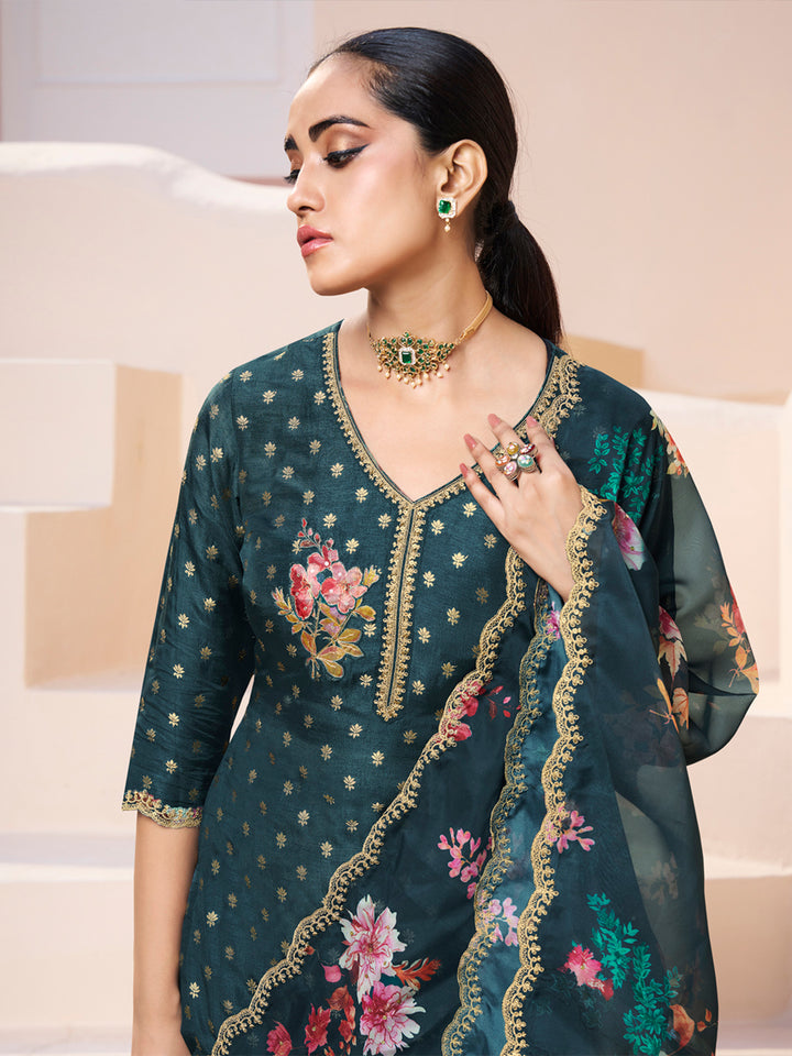 Dark Teal Green Applique Jacquard Kurta with Floral Print Dupatta Product vendor