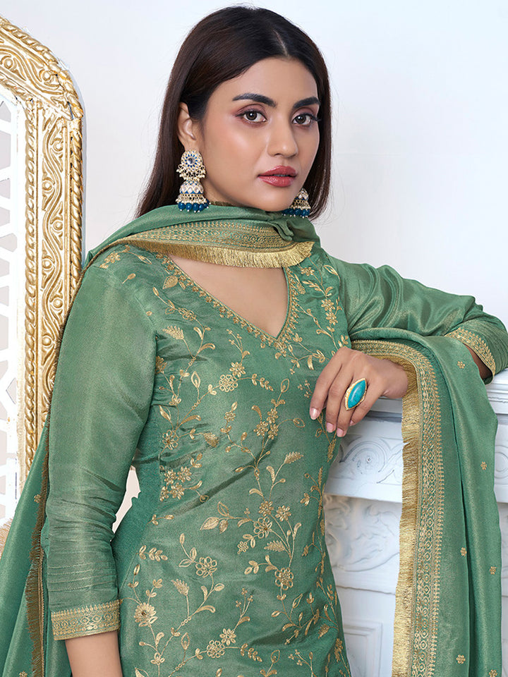 Sea-Green Tissue with Pitta work Gold Jhalar Dupatta Sharara Suit Set