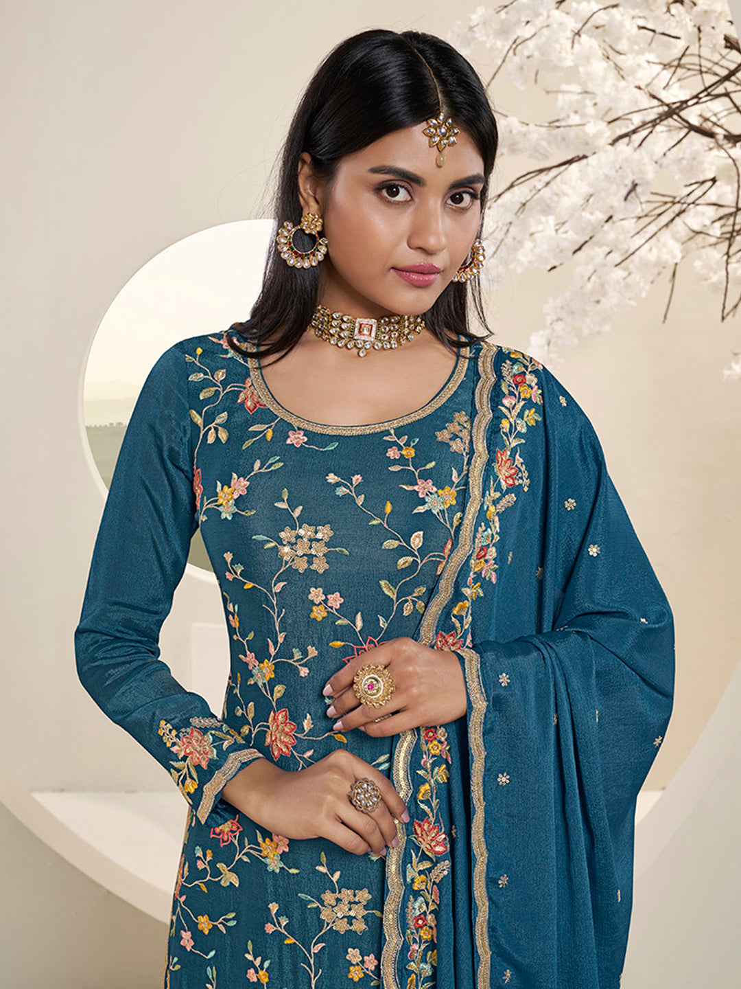 Blue Multi Colour Floral Thread & Embroidered Sharara Suit Set Product vendor
