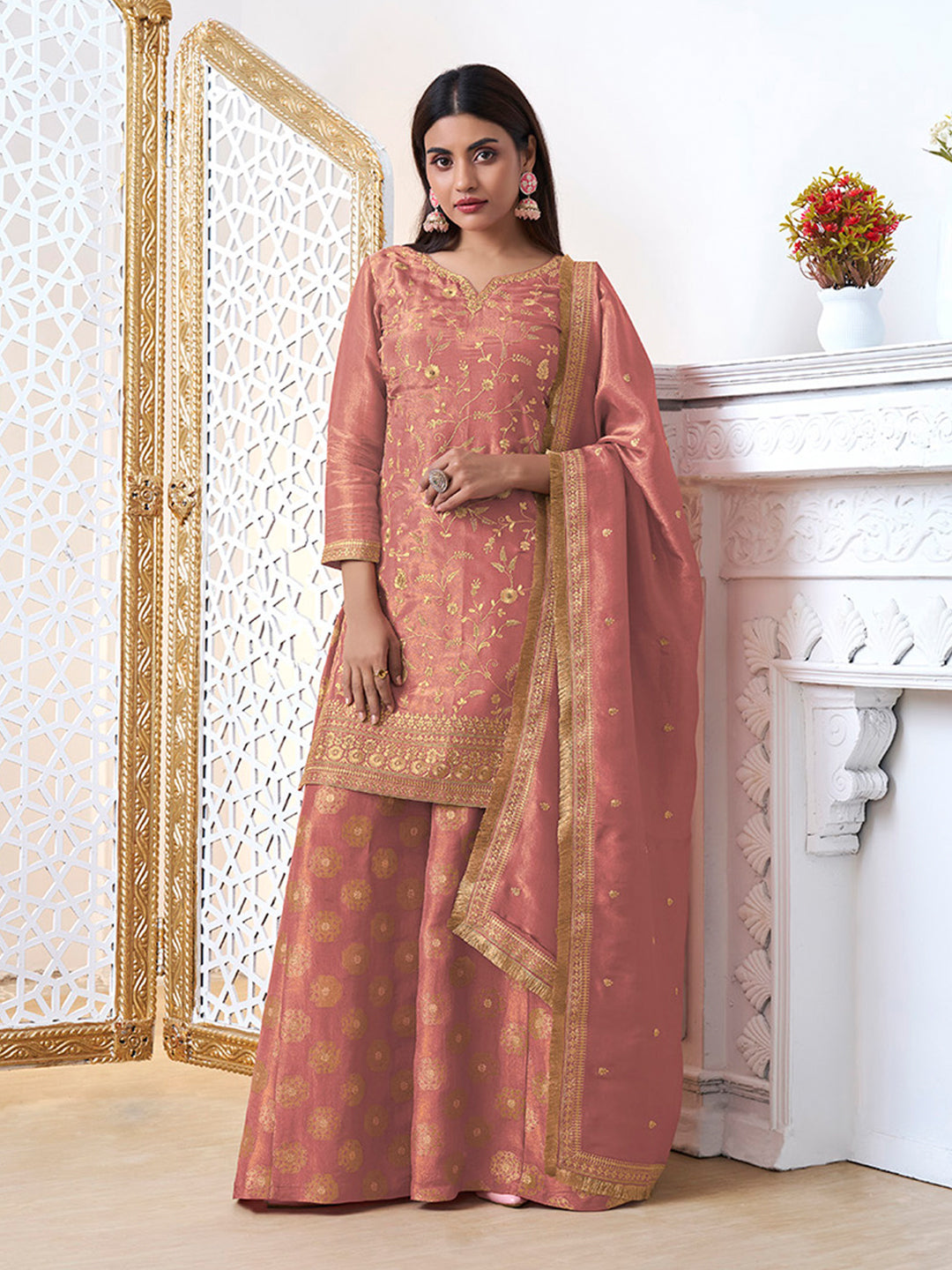 Peach Tissue with Pitta work Gold Jhalar Dupatta Sharara Suit Set