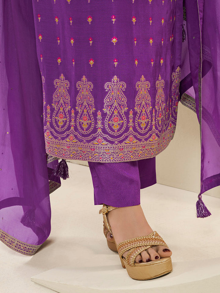 Midnight Purple Muslin Jacquard Kurta Suit Set with Multi Contrast Thread Weave & Paisley Pattern Daman Product vendor