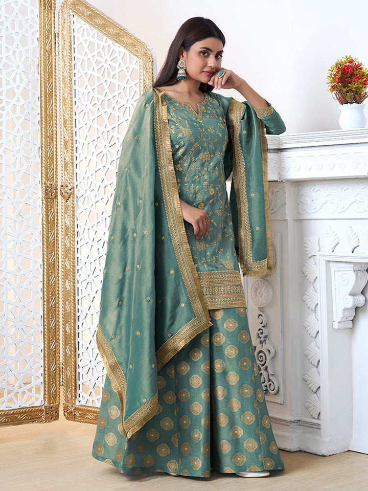 Turquoise Tissue with Pitta work Gold Jhalar Dupatta Sharara Suit Set