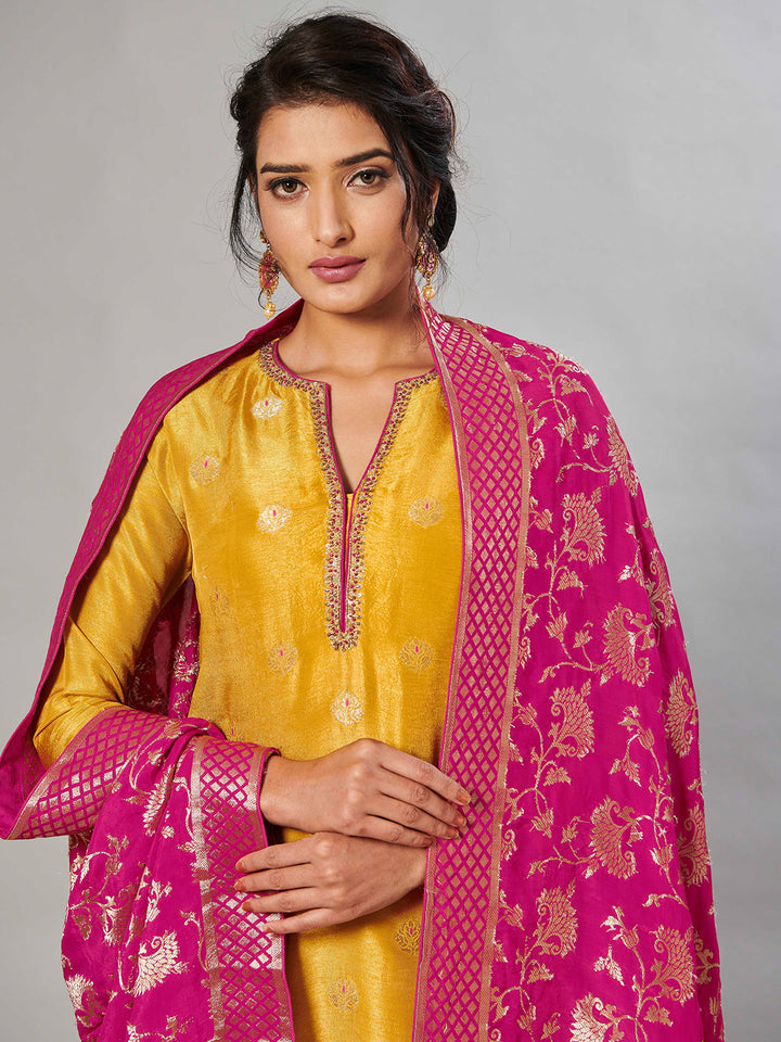 Mustard Zari Jacquard Contrast Dupatta Kurta Suit Set Product vendor