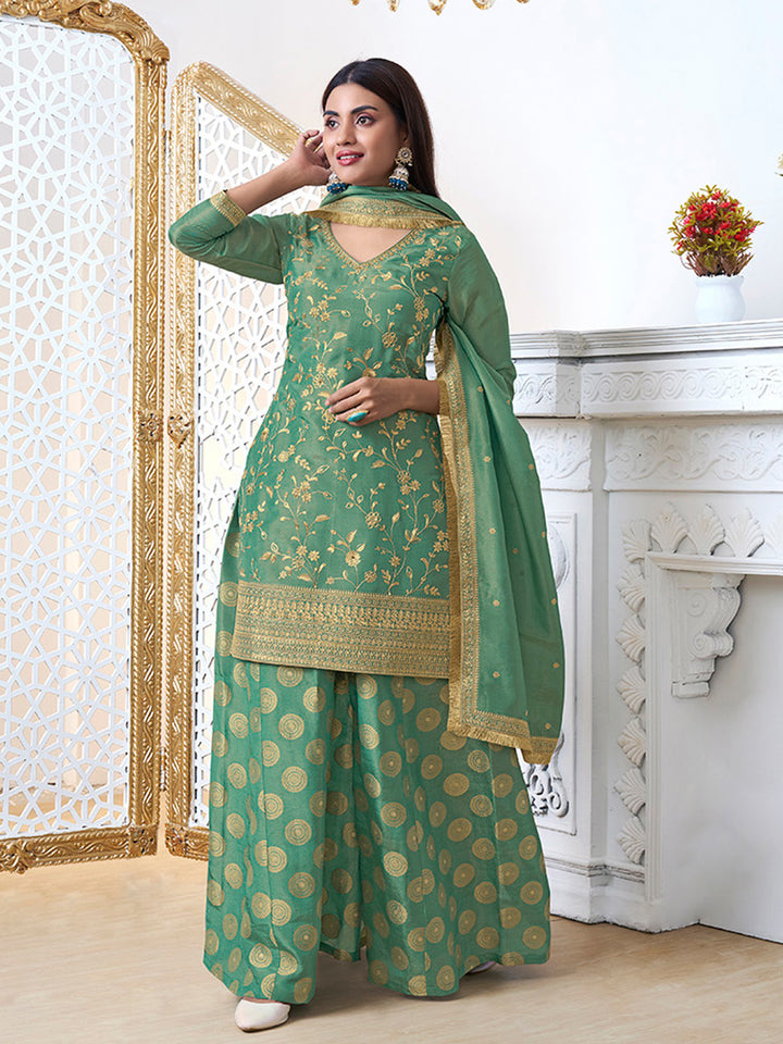 Sea-Green Tissue with Pitta work Gold Jhalar Dupatta Sharara Suit Set