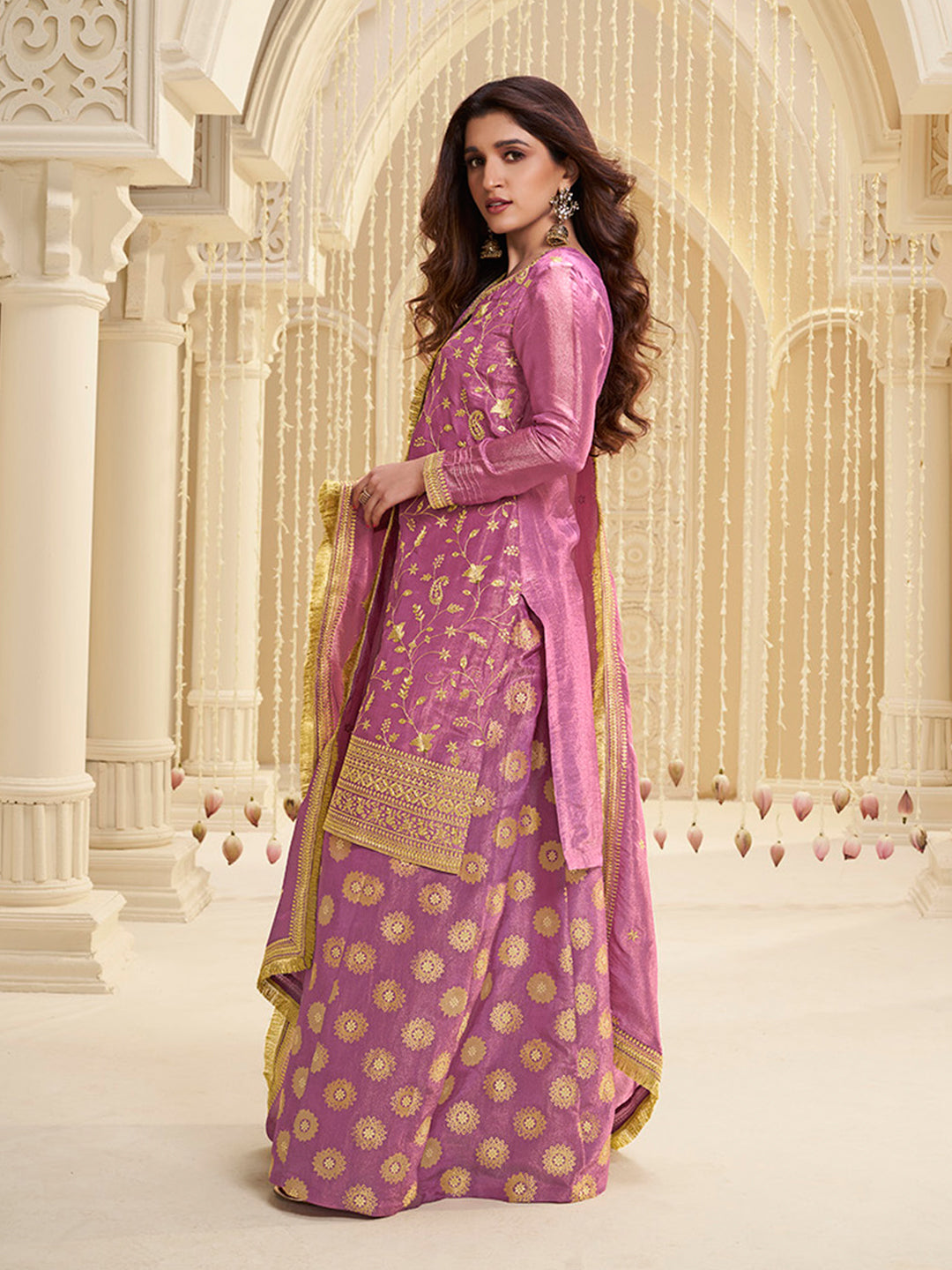 Lavender Tissue with Pitta work Gold Jhalar Dupatta Sharara Suit Set