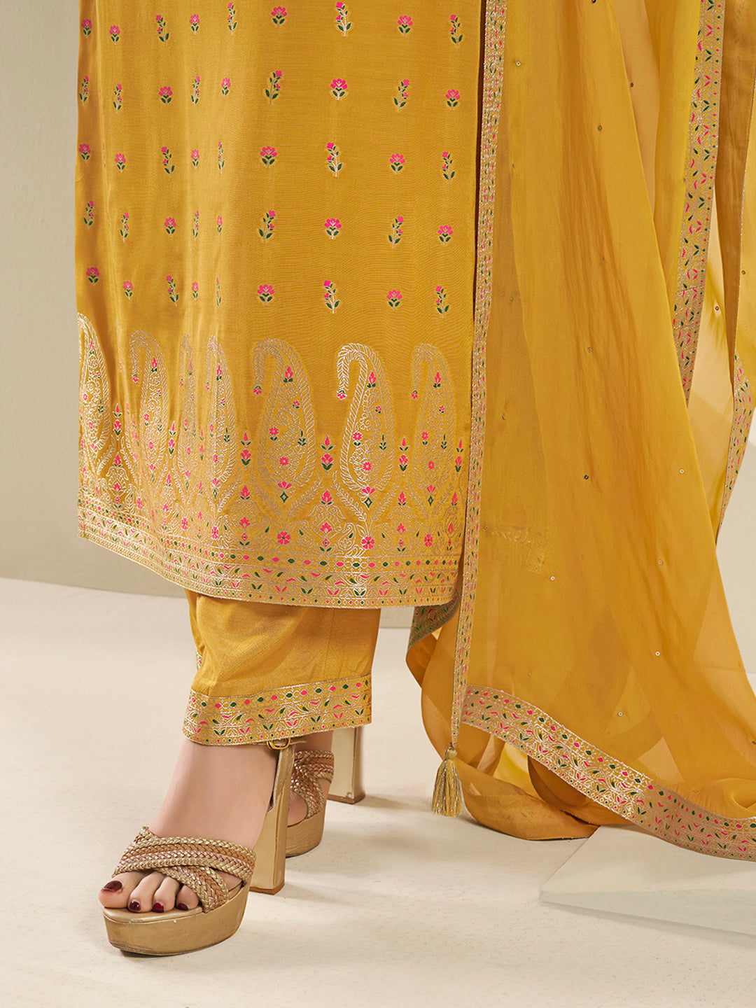 Amber Yellow Muslin Jacquard Kurta Suit Set with Multi Contrast Thread Weave & Paisley Pattern Daman Product vendor