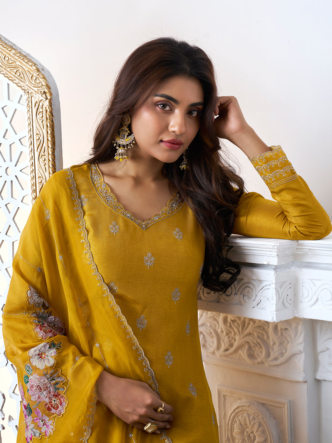 Mustard Yellow Cutwork Neckline Dola Silk Kurta Suit Set with Floral Aplique Dupatta