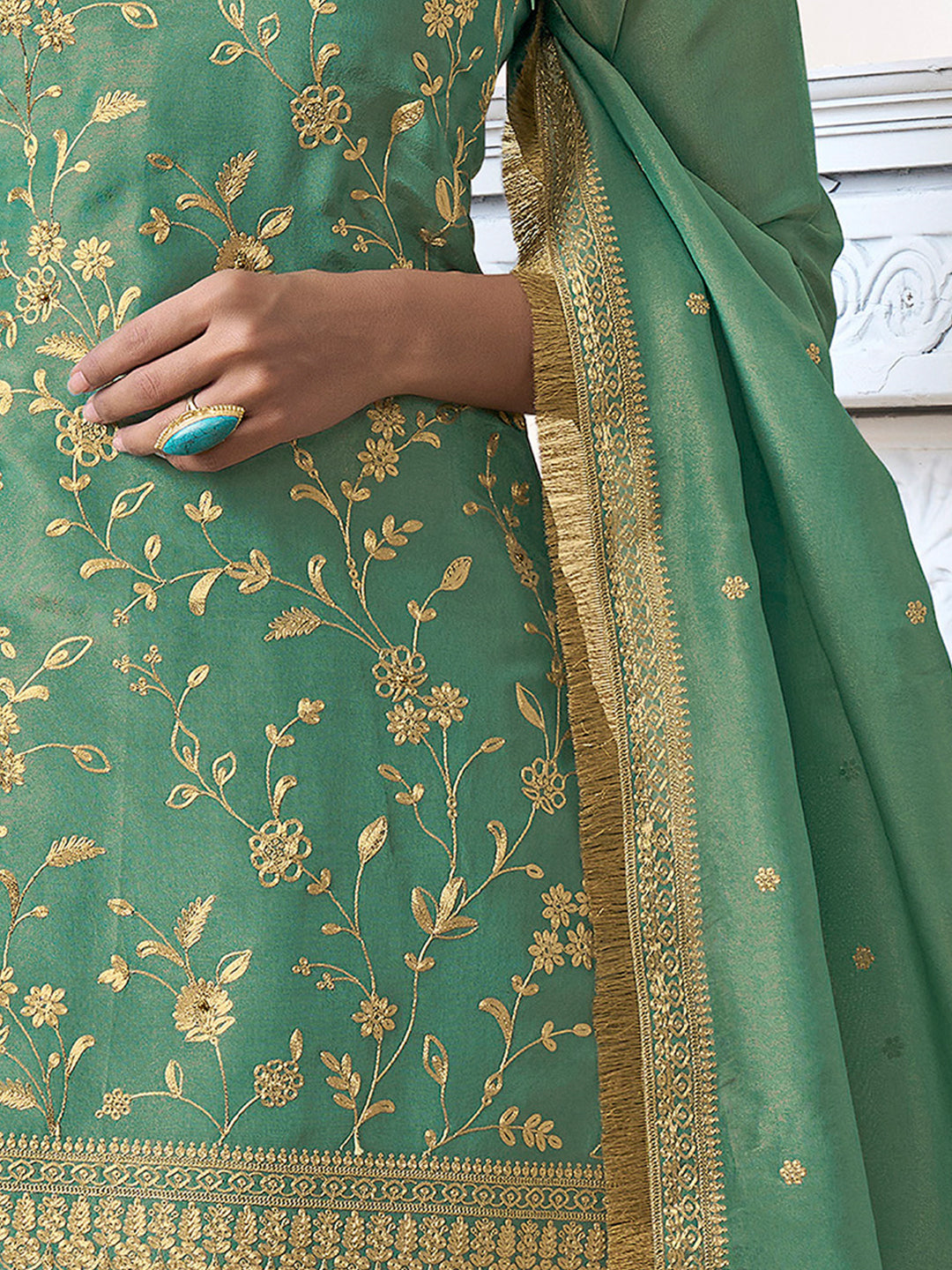 Sea-Green Tissue with Pitta work Gold Jhalar Dupatta Sharara Suit Set