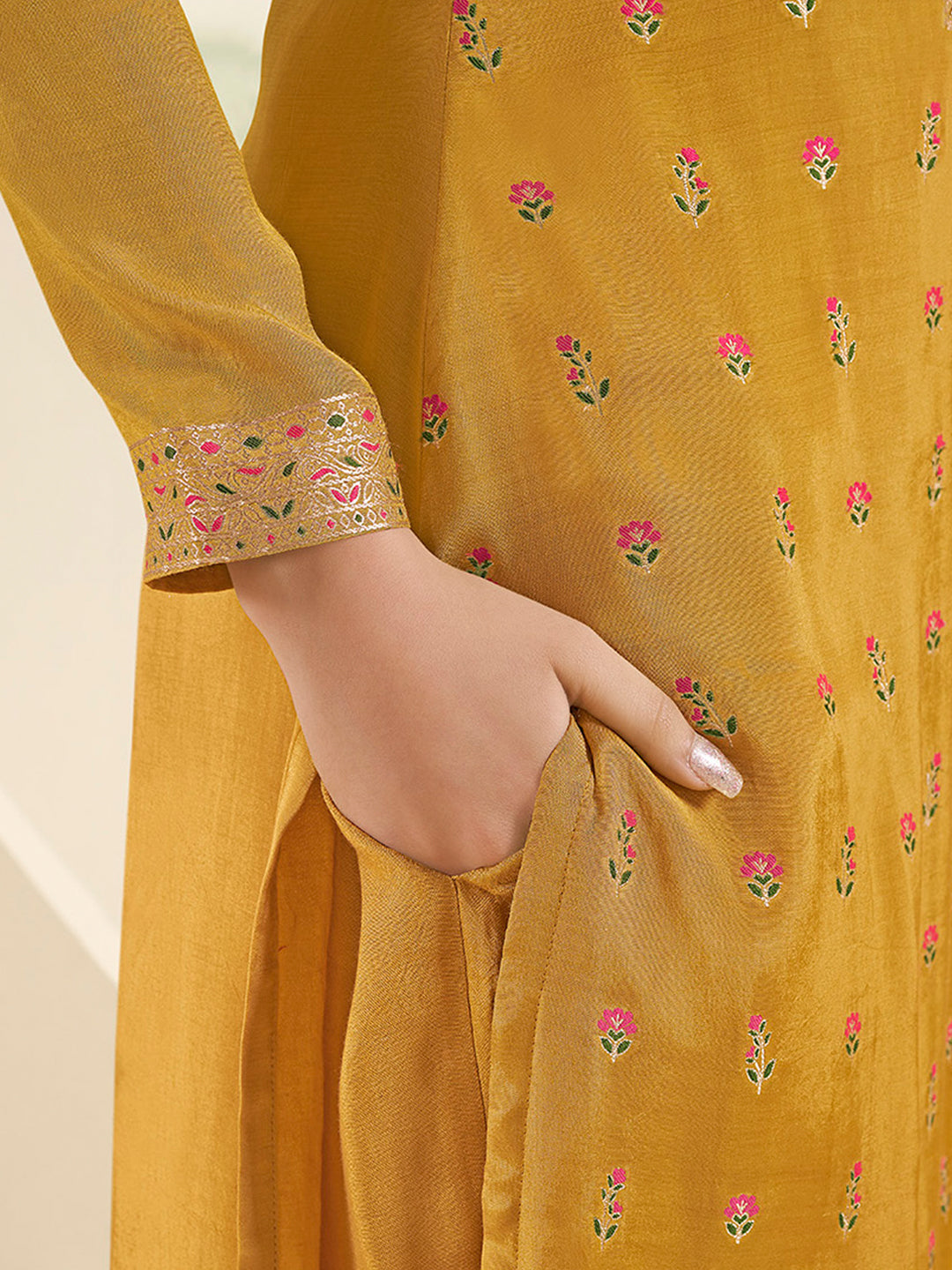 Amber Yellow Muslin Jacquard Kurta Suit Set with Multi Contrast Thread Weave & Paisley Pattern Daman Product vendor