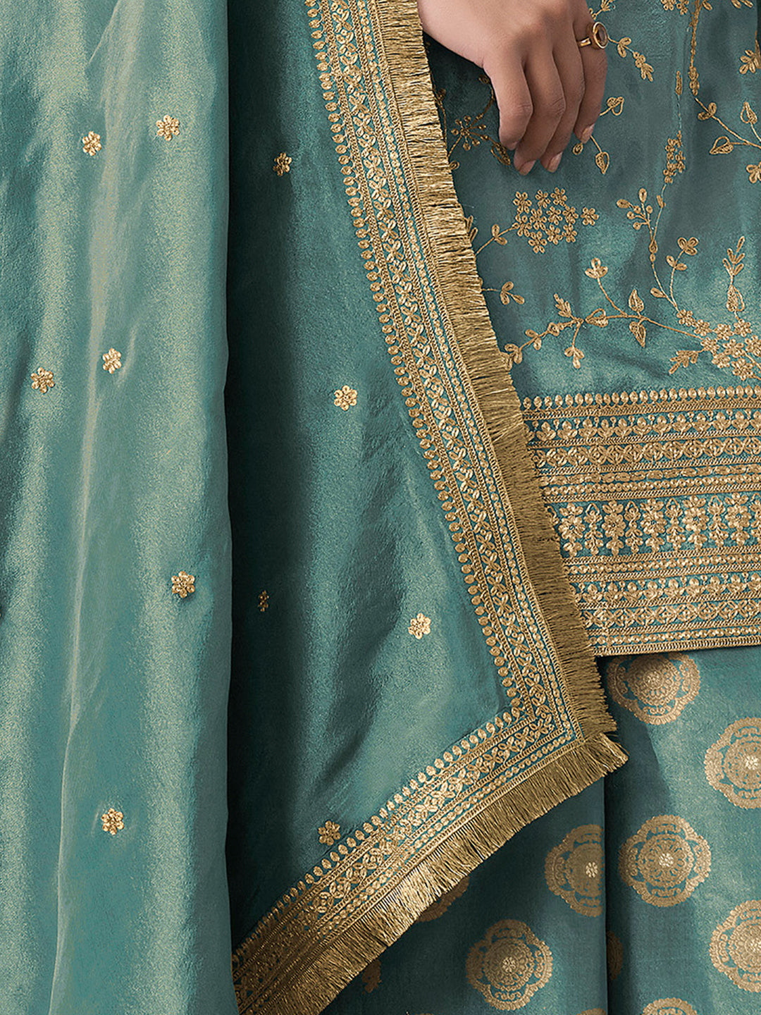 Turquoise Tissue with Pitta work Gold Jhalar Dupatta Sharara Suit Set