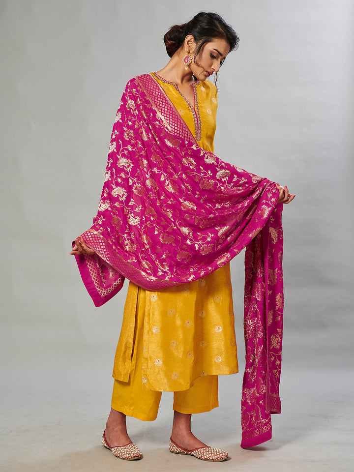 Mustard Zari Jacquard Contrast Dupatta Kurta Suit Set Product vendor