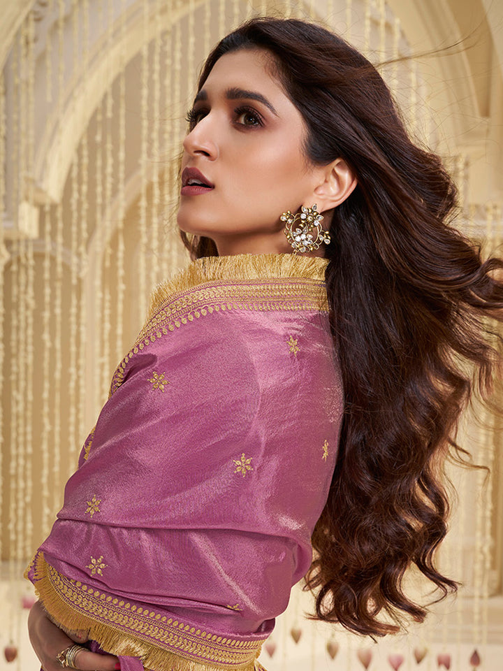 Lavender Tissue with Pitta work Gold Jhalar Dupatta Sharara Suit Set