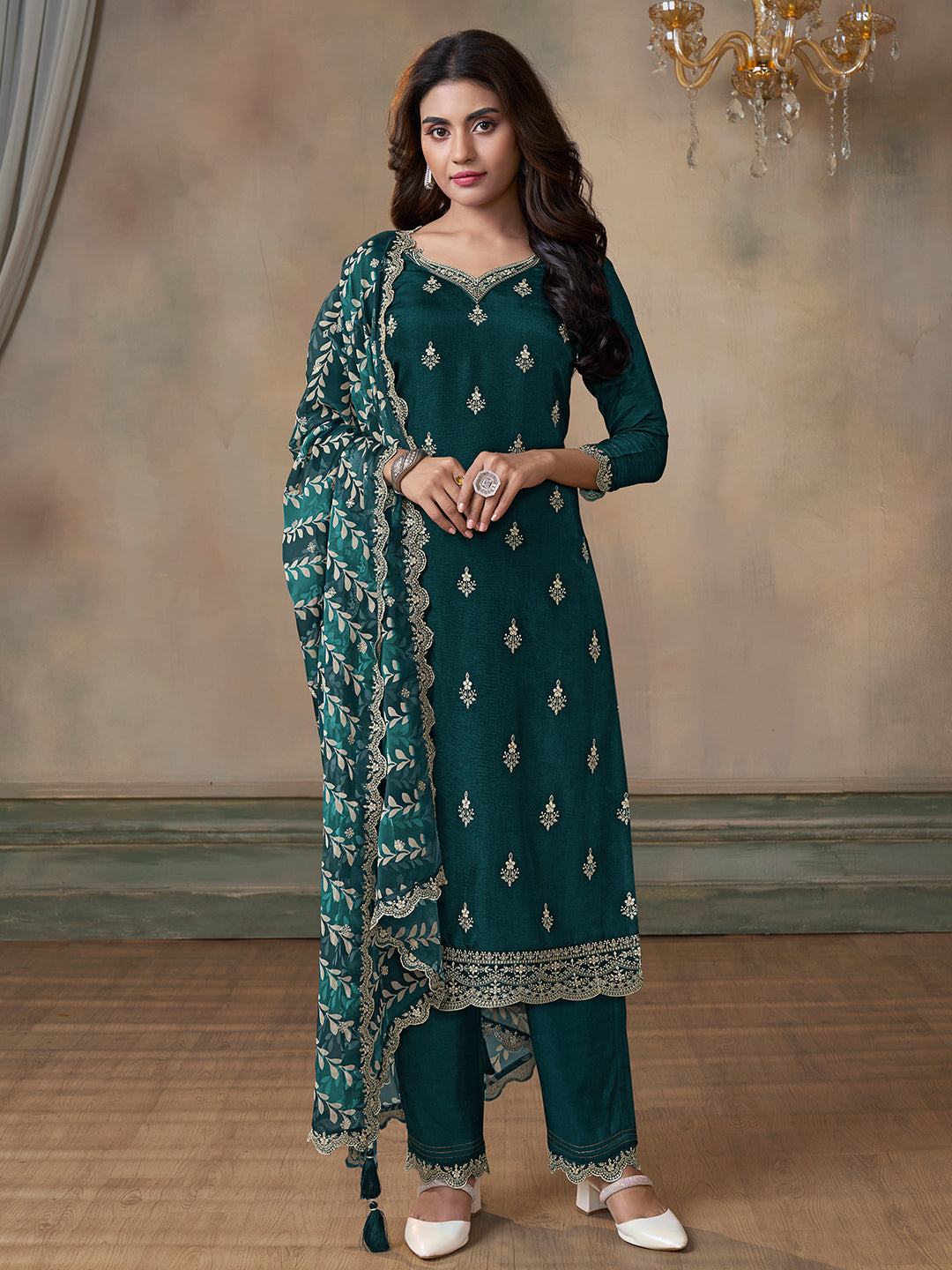 Dark Green Cutwork Neckline Dola Silk Kurta Suit Set with Digital Print Dupatta