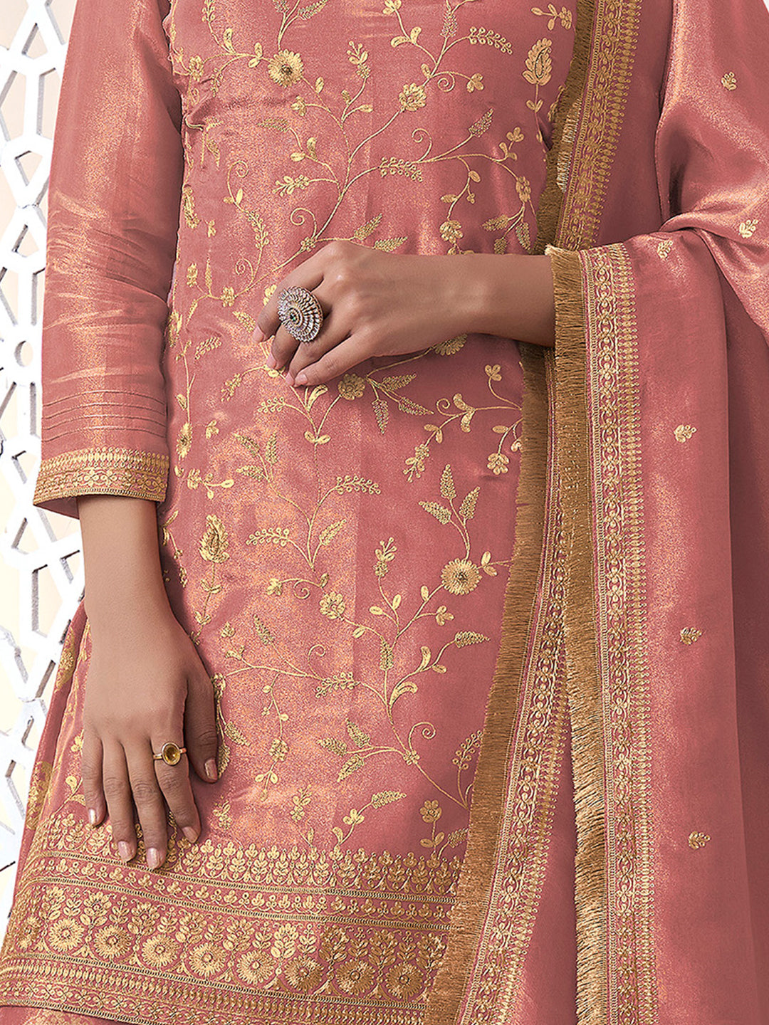 Peach Tissue with Pitta work Gold Jhalar Dupatta Sharara Suit Set