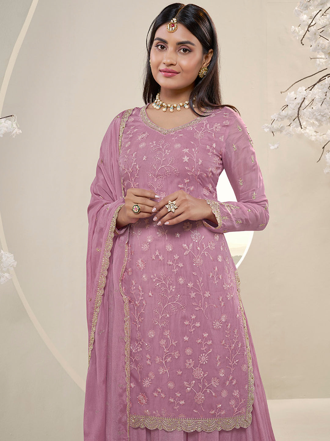 Pink Floral Pattern, Thread   with Sequins & Zari Embroidered Sharara Suit Set Product vendor