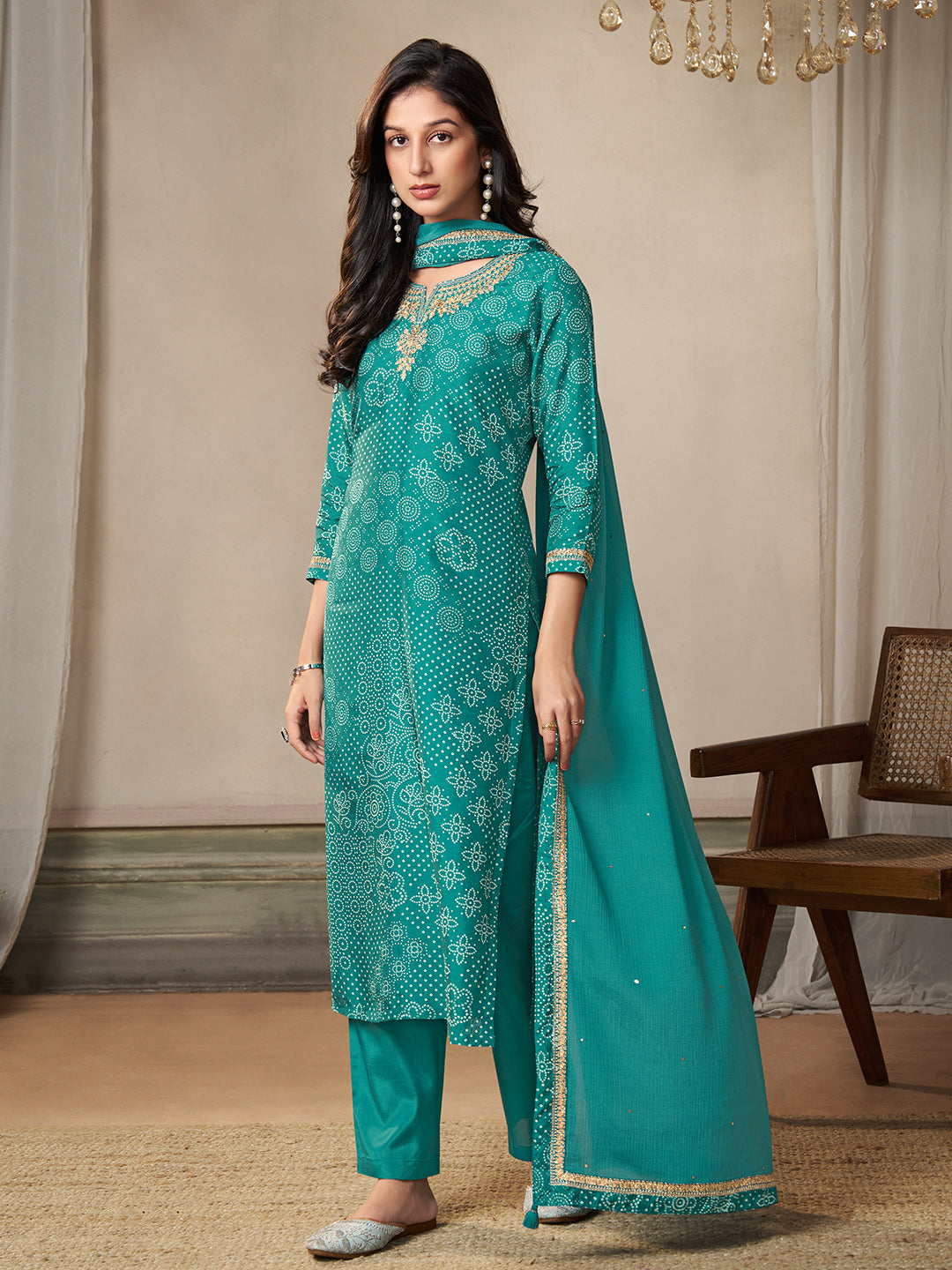 Turquoise Dola Bandhni Printed with Embroidery Kurta Suit Set