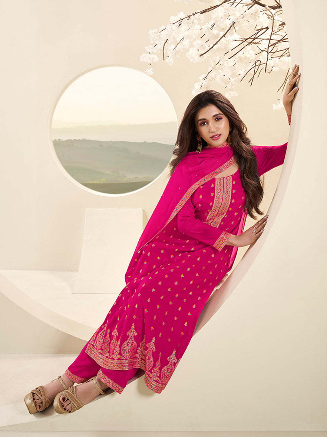 Hot Pink Muslin Jacquard Kurta Suit Set with Multi Contrast Thread Weave & Paisley Pattern Daman Product vendor