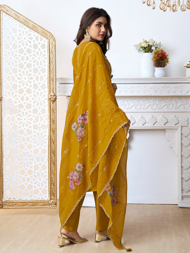 Mustard Yellow Cutwork Neckline Dola Silk Kurta Suit Set with Floral Aplique Dupatta