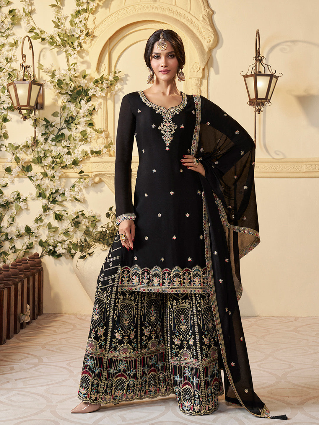 Designer Multi-Thread Embroidered Black Chinon Sharara Suit Set