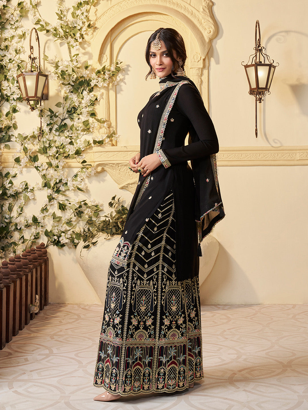 Designer Multi-Thread Embroidered Black Chinon Sharara Suit Set