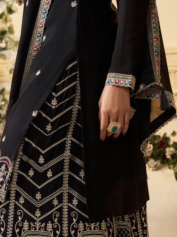 Designer Multi-Thread Embroidered Black Chinon Sharara Suit Set