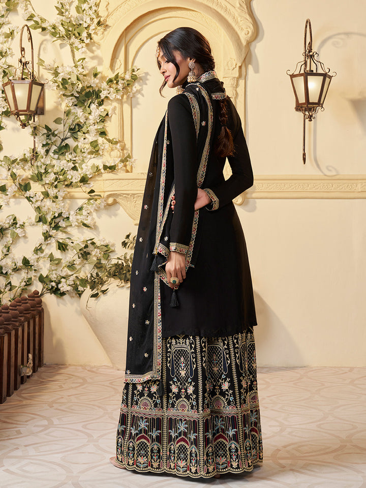 Designer Multi-Thread Embroidered Black Chinon Sharara Suit Set