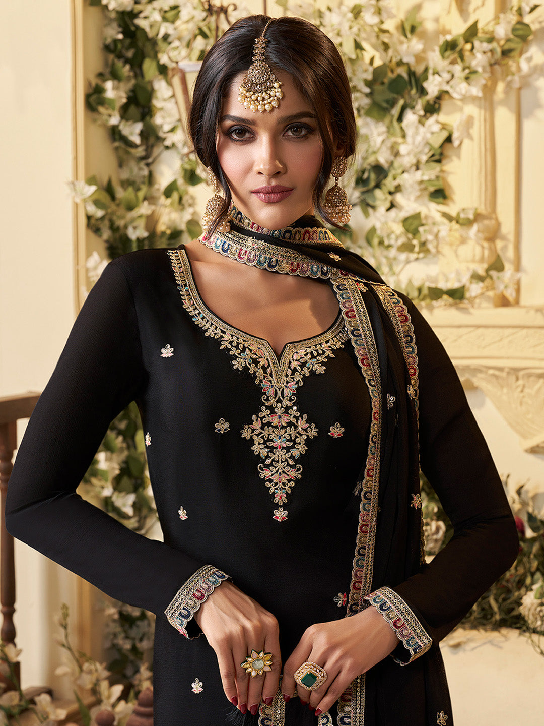 Designer Multi-Thread Embroidered Black Chinon Sharara Suit Set