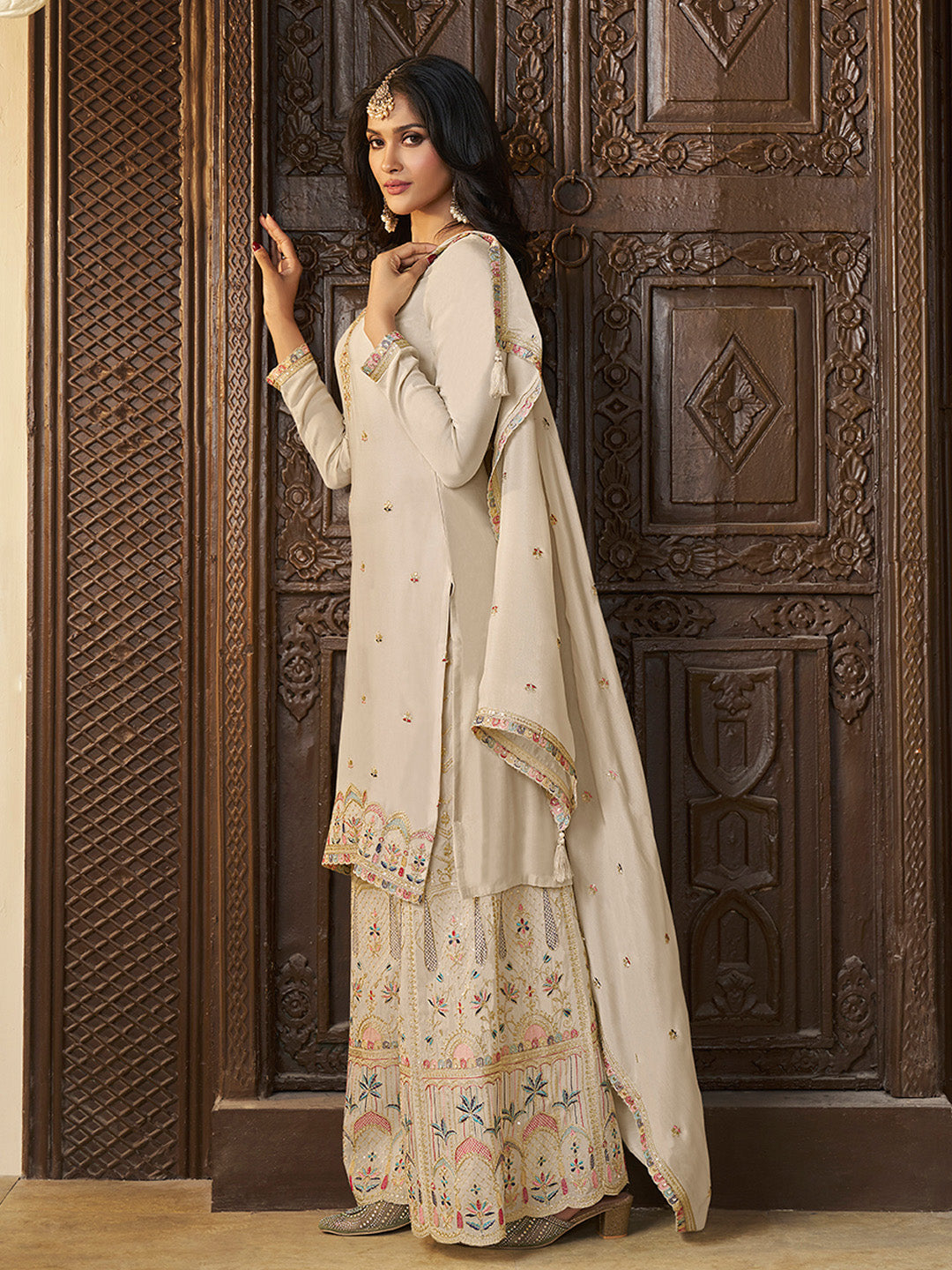 Designer Multi-Thread Embroidered White Chinon Sharara Suit Set