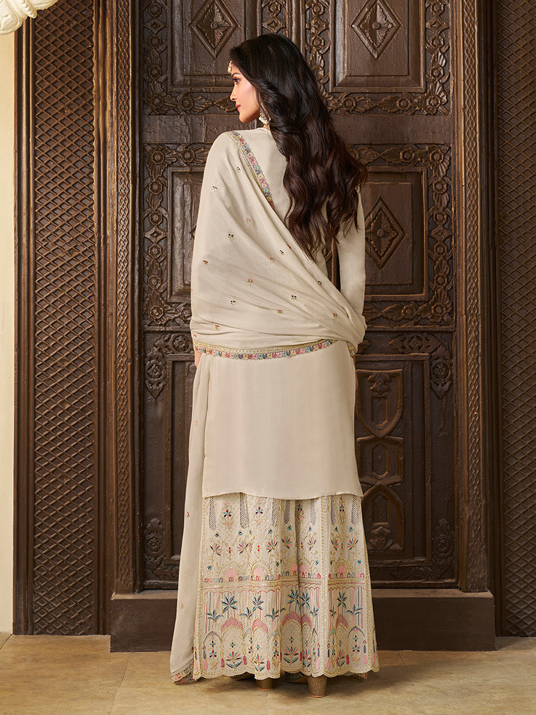 Designer Multi-Thread Embroidered White Chinon Sharara Suit Set