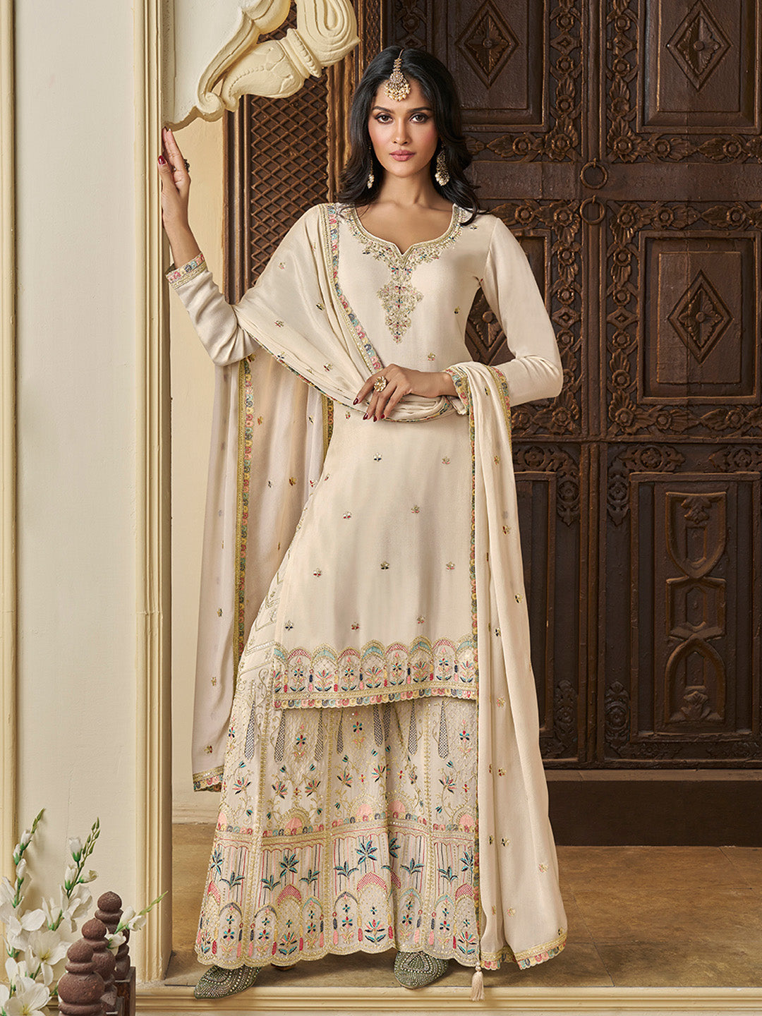 Designer Multi-Thread Embroidered White Chinon Sharara Suit Set